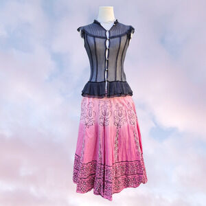 Vtg Y2k Pink Ombre Polka Dot Paisley Barbie Floral Kawaii Flowy Cotton Skirt M